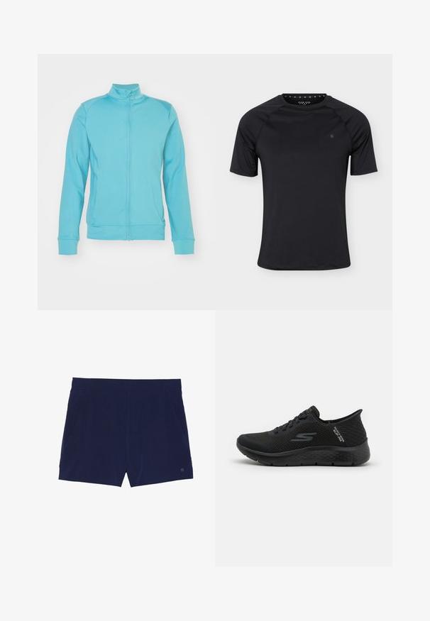 Helles blaues Zip-Jacke mit hohem Kragen, langen Ärmeln, gerippten Bündchen und Saum; aus weichem, dehnbarem Material; minimale Nähte.; Schwarzes kurzärmeliges Sport-T-Shirt mit Rundhalsausschnitt und kleinem Logo auf der linken Brust, dargestellt auf einfachem hellem Hintergrund.; Marineblaue Badeshorts aus leichtem Stoff, mit einem elastischen Bund und zwei Seitentaschen zur Aufbewahrung.; Schwarzer Sportschuh mit einem atmungsaktiven Mesh-Obermaterial, strukturierten Akzenten und einer gepolsterten Sohle. Verfügt über eine abgerundete Zehenpartie und ein Schnürdesign.