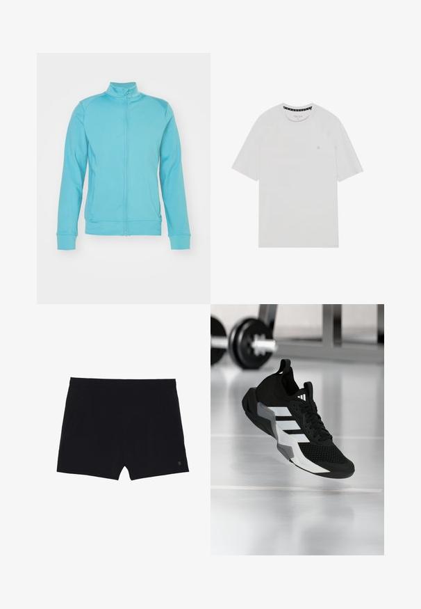 Helles blaues Zip-Jacke mit hohem Kragen, langen Ärmeln, gerippten Bündchen und Saum; aus weichem, dehnbarem Material; minimale Nähte.; Weißes T-Shirt mit kurzen Ärmeln und Rundhalsausschnitt, mit Raglanärmeln, einem dezenten Logo auf der Brust und kontrastierendem Halsausschnitt.; Schwarze Sportshorts mit glatter Textur, elastischem Bund und zwei Seitentaschen. Mit einem kleinen Logo auf der unteren rechten Seite.; Schwarzer Sportschuh mit Mesh-Obermaterial, weißen Streifen und grauen Akzenten. Verfügt über einen gepolsterten Kragen und eine Gummisohle. Geeignet für die Nutzung im Fitnessstudio.
