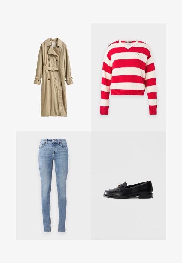 Trench-coat beige croisé avec ceinture et sangles à boucle sur les manches longues, avec un col classique et deux poches avant.; Pull rayé rouge et blanc avec un col en V, manches longues, poignets et ourlet côtelés, fabriqué à partir d'un tissu en maille douce. Petit logo sur la poitrine.; Jean skinny bleu clair en denim, avec une taille standard, cinq poches et des coutures contrastées le long des coutures.; Mocassin en cuir noir avec un petit talon et un emblème décoratif en or sur la sangle, présenté sur un fond gris clair uni.