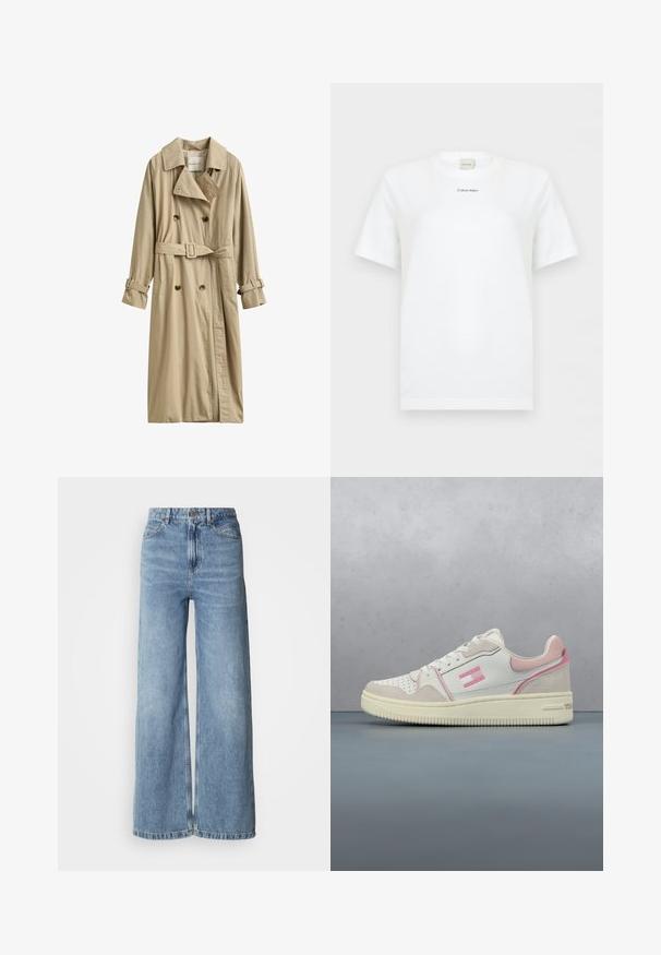 Trench-coat beige croisé avec ceinture et sangles à boucle sur les manches longues, avec un col classique et deux poches avant.; T-shirt blanc à manches courtes et col rond avec petit logo noir « Calvin Klein » centré sur la poitrine, fond uni.; Jean large bleu clair en denim, avec une taille haute, un design à cinq poches et des ourlets bruts. Texture lisse avec une finition délavée.; Baskets basses en cuir blanc, avec des accents en suède beige, des détails roses et le logo "Tommy Jeans" sur le côté, vues de gauche.