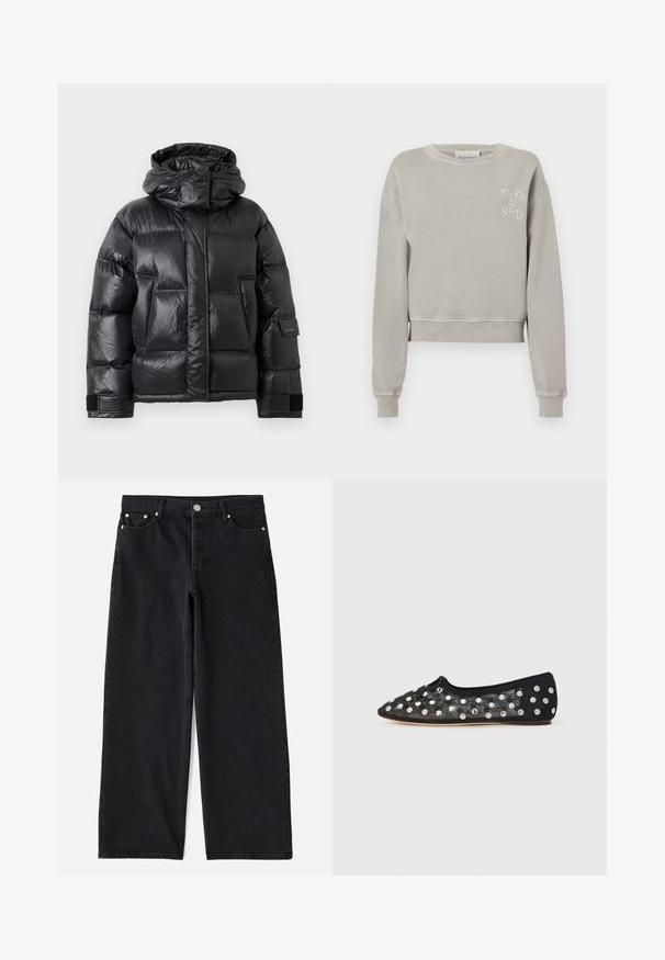 Doudoune noire brillante avec col haut et capuche, poches avant et straps ajustables en Velcro sur les manches.; Sweatshirt court gris clair en coton doux avec des poignets côtelés, un col rond et un logo estampé "CLOSED" sur la poitrine.; Jean en denim noir à jambes larges avec cinq poches, fermeture à bouton et accessoires en métal argenté. Offre une silhouette propre et ajustée ainsi qu'une texture subtile.; Chaussure plate noire à bout pointu, en maille avec de grands pois argentés, et un petit nœud à l'avant. Tissu texturé.