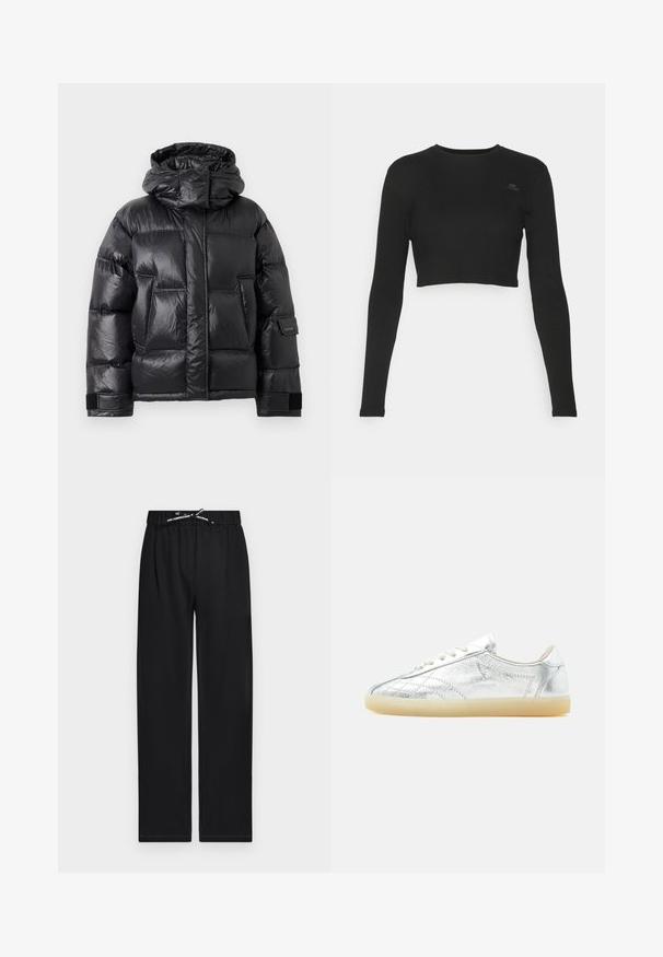 Doudoune noire brillante avec col haut et capuche, poches avant et straps ajustables en Velcro sur les manches.; Haut noir à manches longues cropped en matière côtelée, avec un col rond et une petite étiquette de marque sur la poitrine.; Pantalon noir taille élastique, coupe droite, avec cordon blanc marqué "KARL LAGERFELD JEANS", sans poches apparentes ni ornements.; Basket basse profil avec dessus texturé argent métallisé, lacets blancs et semelle en caoutchouc beige semi-translucide, vue de côté sur fond blanc.