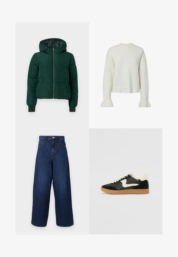 Tume roheline polsterdatud talvejope kapuutsiga, esikinnitus lukuga, kahe küljetasku ja soonikkoes mansettidega.; Valge soonikkoega kootud kampsun, ümara kaelusega ja kellukese kujuliste varrukatega. Lühendatud pikkus ja mugav lõige.; Laiad sinised teksased kõrge vöökohaga, viie tasku ja nupuga kinnitusega. Kanga pind on sile ja seal on õrn pleekimine.; Must musta ja nahast sneakersid, millel on koorevärvi külgsuund ja hele koorik. Omab beeži paelu ja kummi kummist välistalla.