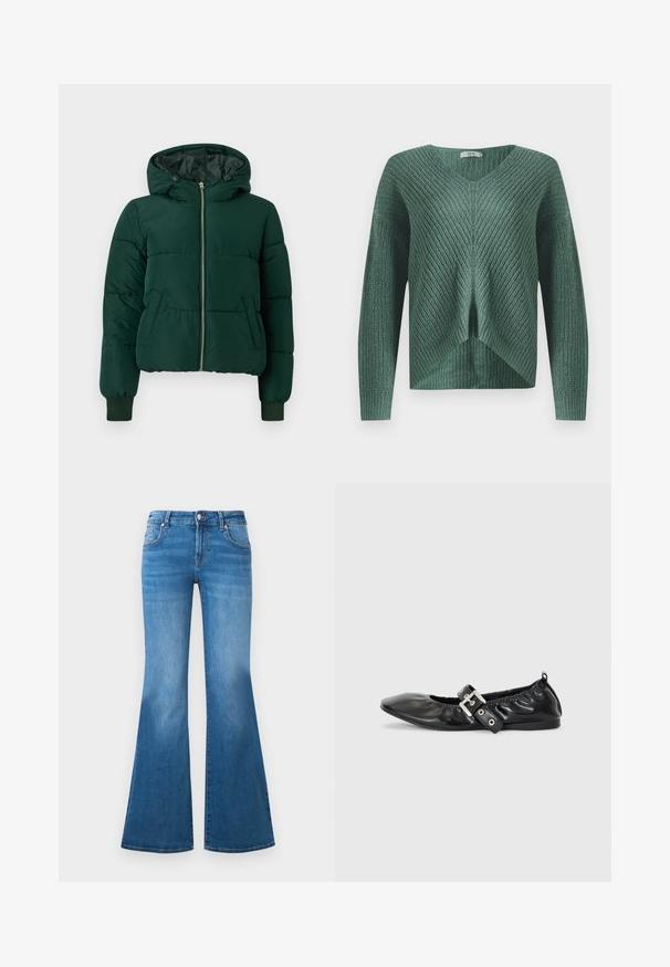 Donkergroene gewatteerde winterjas met capuchon, ritssluiting aan de voorkant, twee zijzakken en geribde boorden.; Groene gebreide trui met lange mouwen, V-hals en een ontwerp met een voorkeursplit. Beschikt over een textuurpatroon en een relaxte pasvorm.; Flared blauwe denim jeans met een medium hoge taille, vijf zakken en vervaagde details op de dijen. Zilveren accenten op de knopen.; Zwarte leren platte schoen met een spitse neus, geplooide details rond de opening en een zilveren gespaccentueerde verstelbare band.