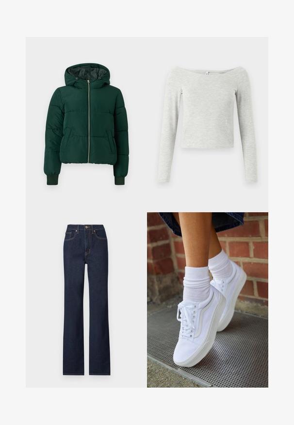 Dunkelgrüne, wattierte Winterjacke mit Kapuze, Frontreißverschluss, zwei Seitentaschen und gerippten Bündchen.; Graues Langarmoberteil mit Off-Shoulder-Design, aus weichem, leichtem Stoff gefertigt, mit einer einfachen, eleganten Silhouette.; Dunkelblaue Denim-Jeans mit geradem Bein, mit einem vorderen Knopfverschluss, fünf Taschen und kontrastierenden Nähten.; Weiße Leinensneaker mit Gummisohlen, ausgestattet mit sechs Ösen, runder Zehenpartie und dezenten Nähten, kombiniert mit weißen Knöchelsocken.