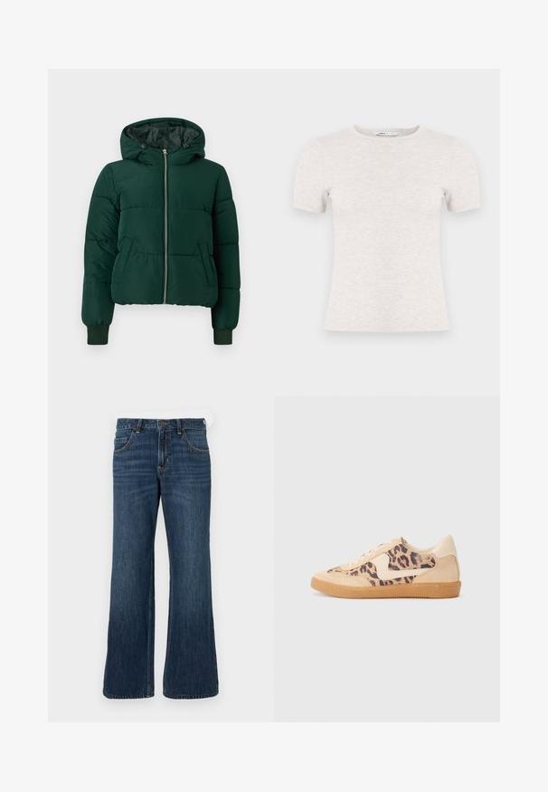 Veste d'hiver matelassée vert foncé avec capuche, fermeture éclair frontale, deux poches latérales et poignets côtelés.; T-shirt gris clair à manches courtes en tissu côtelé avec un col rond. Design simple, texture lisse, sans motifs ni accents visibles.; Jean large bleu foncé avec une conception classique à cinq poches, doté d'une fermeture à bouton et de légères décolorations. Fabriqué en tissu denim.; Baskets en imprimé léopard avec tige en suède beige, semelle en caoutchouc tan et accents blancs. Bout rond et design à lacets avec une finition texturée.