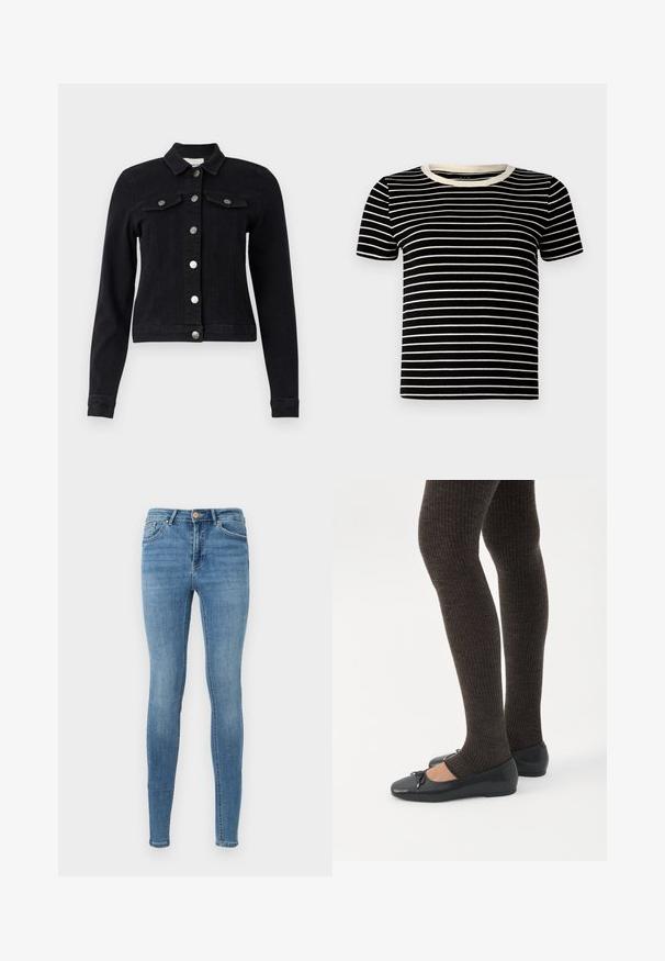 Sort denimjakke med lange ærmer, frontknaplukning, to brystlommer med klap og en cropped design. Mat sølv hardware detaljer.; Sort og creme-stribet kortærmet t-shirt med ribbet struktur og rund halsudskæring. Striberne er jævnt fordelt og horisontale.; Blå høj talje skinny jeans med forlommer, bæltestropper, knaplukning og subtil falmning på lår og knæ.; Ben iført mørke ribbede leggings kombineret med sorte balletsko med små sløjfedetaljer på hvid baggrund.