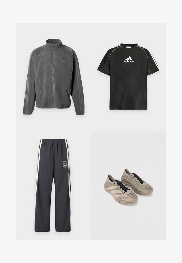 Chaqueta de forro polar gris con cremallera y alto cuello, bolsillos laterales y un sutil logo de Adidas y tres franjas en las mangas.; Camiseta negra de manga corta con logo blanco de Adidas en el pecho y rayas blancas en los hombros. Fabricada con tela suave, corte holgado.; Pantalones de chándal gris oscuro con rayas blancas laterales, cintura elástica y un logo circular con tres estrellas en el muslo izquierdo. Tela ligera.; Par de zapatillas deportivas beige con cordones negros, con un patrón texturizado a rayas y tres franjas laterales sobre un fondo liso.