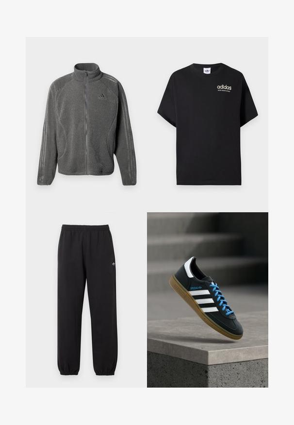 Chaqueta de forro polar gris con cremallera y alto cuello, bolsillos laterales y un sutil logo de Adidas y tres franjas en las mangas.; Camiseta de algodón negra con mangas cortas, con cuello redondo y logo blanco de Adidas con "SPORT DESIGN STUDIO" en dorado. Textura suave.; Pantalones deportivos negros de Adidas con cintura y puños elásticos, que presentan un pequeño logo blanco de trébol de Adidas en la parte superior de la pierna izquierda.; Zapatilla negra Adidas con franjas blancas, cordones azules y suela de goma flotando sobre un escalón de hormigón gris con luz suave.