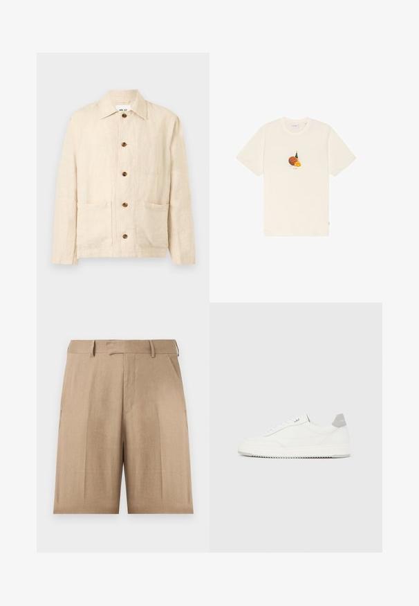 Veste beige en lin à manches longues avec col, cinq boutons marron sur le devant et deux poches plaquées à l'avant.; T-shirt couleur crème avec un visuel centré représentant un ballon de basket, une bouteille verte et un petit bouquet de fleurs orange en dessous.; Short beige jusqu’au genou, ajusté, avec passants pour ceinture, poches latérales et fermeture avant à crochet et barre sur fond blanc.; Baskets basses blanches avec un onglet de talon gris, des lacets blancs et une semelle texturée, présentées sur un fond uni clair.