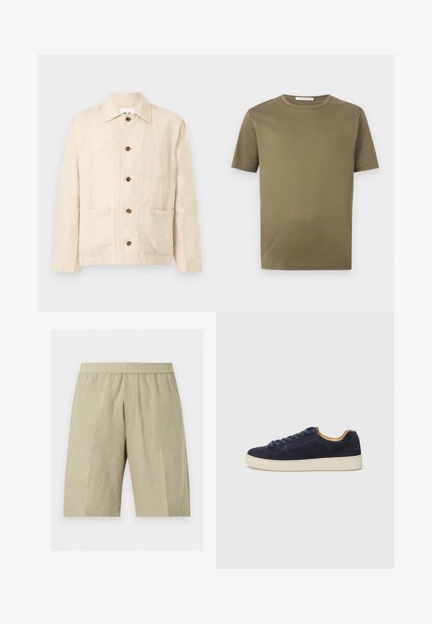 Veste beige en lin à manches longues avec col, cinq boutons marron sur le devant et deux poches plaquées à l'avant.; T-shirt vert olive à manches courtes et col rond, de design uni, présenté sur un fond blanc.; Shorts beiges longueur genou avec une taille élastique et des poches latérales, fabriqués en tissu léger.; Baskets basses en suede bleu marine avec bout arrondi, semelle en caoutchouc blanc cassé et lacets assortis ; dotées d'une doublure intérieure contrastante couleur tan.