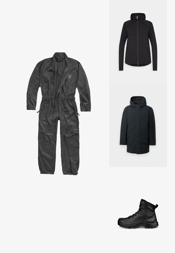 Sort isoleret parka med hætte, med lynlås foran, sidelommer og en glat udvendig overflade. Minimalistisk design.; Langærmet sort heldragt med frontlynlås, elastisk talje og manchetter, flere lynlåslommer og opretstående krave med trykknap.; Sort zip-up hoodie med lange ærmer, frontlynlås, sidelommer og fast hætte, præsenteret på en hvid baggrund.; Sort høj vandrestøvle med polstret ankel, snørehager, robust sål og træksløjfe ved hælen, designet til udendørs brug og koldt vejr.