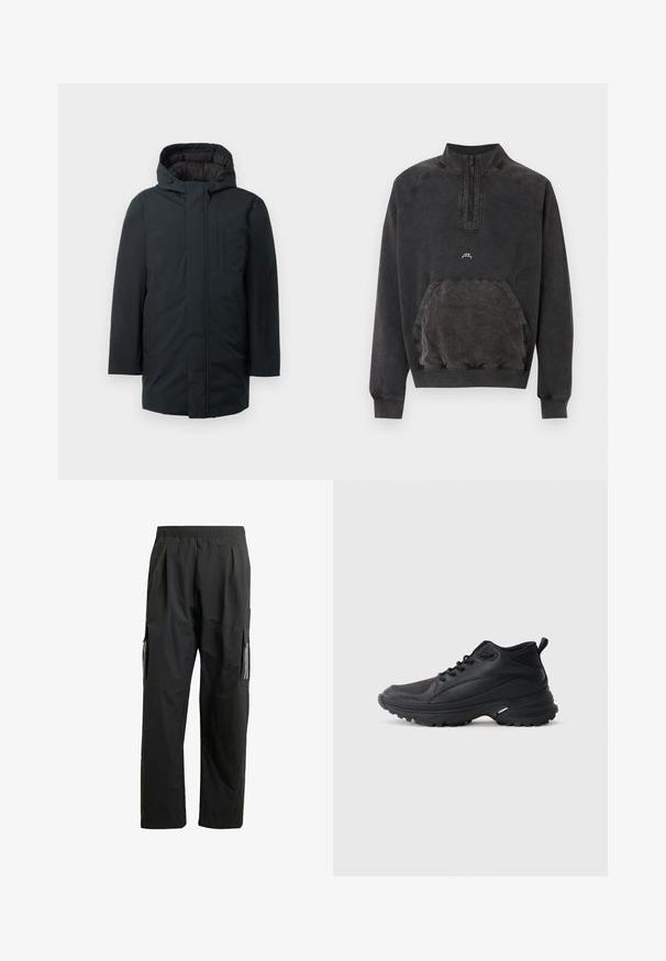 Zwarte geïsoleerde parka met capuchon, voorzien van een voorritssluiting, zijzakken en een gladde buitenkant. Minimalistisch ontwerp.; Zwart gewassen halve rits sweater met kangoeroezak, geribde manchetten en zoom, en klein "A C W" logo op de borst.; Zwarte cargo-broeken met een elastische tailleband, zijzakken en reflecterende accenten. Gemaakt van lichtgewicht, waterafstotend materiaal.; Zwarte sportschoenen gemaakt van synthetisch materiaal. Voorzien van een gevoerde kraag, ronde neus, stevige buitenzool met grip en merkembleem.