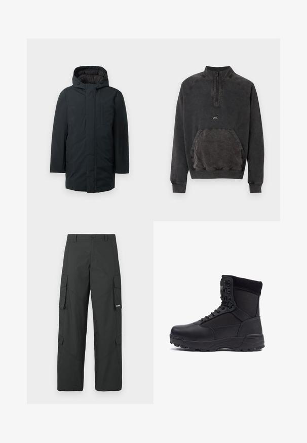Sort isoleret parka med hætte, med lynlås foran, sidelommer og en glat udvendig overflade. Minimalistisk design.; Sort sweatshirts med halv lynlås, kængurulomme, ribstrikkede manchetter og kant samt lille "A C W" logo på brystet.; Sorte straight-leg cargo bukser med sidelommer med klap, knaplukning, bæltestropper og et lille hvidt logo på klappen af højre lomme.; Sort taktisk støvle med en glat læderoverdel og stofpaneler, høj ankeldesign, snørebånd foran og slidstærk gummisål.