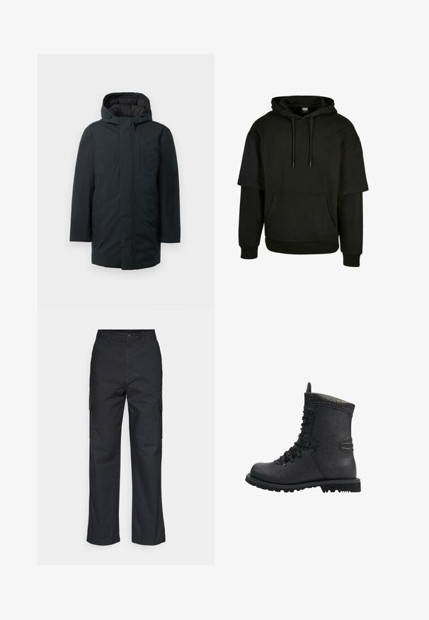 Zwarte geïsoleerde parka met capuchon, voorzien van een voorritssluiting, zijzakken en een gladde buitenkant. Minimalistisch ontwerp.; Zwarte hoodie met een kangoeroe-pocket, trekkoord kap en korte mouwen met verlengde ontwerpdetails. Gemaakt van zachte, gestructureerde stof.; Zwarte cargobroek met een rechte pijpdesign, voorzien van zijzakken en een geweven stof. Knopsluiting in de taille voor een veilige pasvorm.; Zwarte leren wandelschoen met een gestructureerde afwerking, gewatteerde kraag en dikke rubberen zool. Bevat metalen oogjes en contrasterende zwarte accenten.