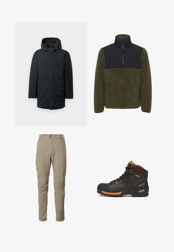 Schwarze isolierte Parka mit Kapuze, ausgestattet mit einem Frontreißverschluss, seitlichen Taschen und einer glatten Außenstruktur. Minimalistisches Design.; Fleece-Pullover in Olivgrün mit einem schwarzen Nylon-Brustpanel. Verfügt über einen hohen Kragen, einen halbseitigen Reißverschluss und seitliche Taschen.; Beige Cargo-Hosen aus leichtem Material, mit einem Reißverschluss-Seitentasche, doppeltem Knopfverschluss und tailliertem Bein-Design.; Brauner Leder-Wanderschuh mit schwarzen und orangefarbenen Akzenten, schwarzen Schnürsenkeln, Vibram-Sohle, Gore-Tex-Label und Aigle 1853 Logo an der Ferse.
