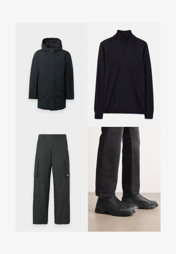 Zwarte geïsoleerde parka met capuchon, voorzien van een voorritssluiting, zijzakken en een gladde buitenkant. Minimalistisch ontwerp.; Zwarte lange mouwtrui met geribbelde hoge kraag en halve rits, met een subtiele logo op de linkerborst.; Zwarte cargo broek met rechte pijpen, zijflapzakken, knoopsluiting, riemlussen en een klein wit logo op de flap van de rechterzak.; Zwarte vetersneakers met een chunky, getextureerde zool en een glad bovendeel. Voorzien van metalen veterogen en een ribbelaccent rond de teen.