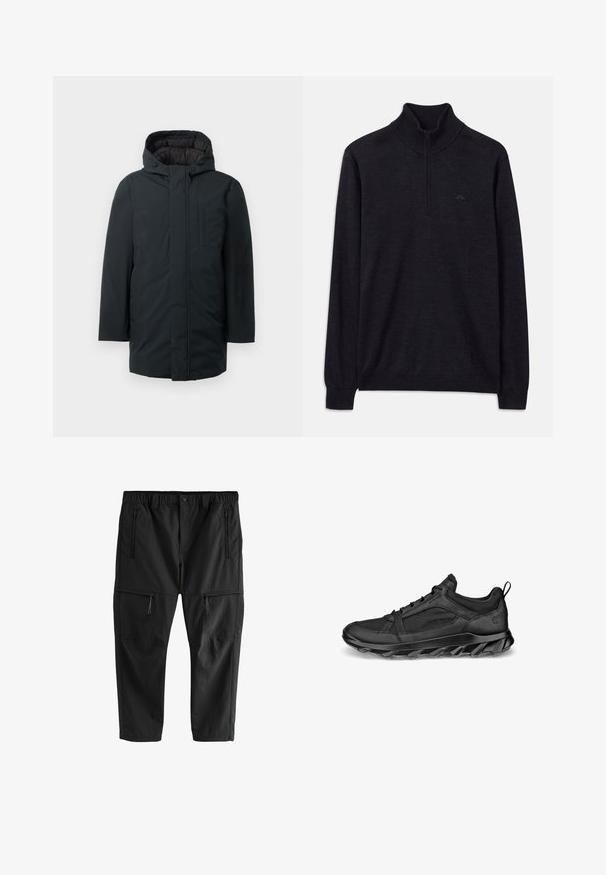 Parka aislante negra con capucha, que cuenta con un cierre frontal de cremallera, bolsillos laterales y una textura exterior suave. Diseño minimalista.; Suéter negro de manga larga con cuello alto acanalado y media cremallera, con un logo sutil en el lado izquierdo del pecho.; Pantalones negros ligeros con cinturilla elástica, dos bolsillos laterales con cremallera y dos bolsillos cargo con cremallera. Textura suave y corte recto.; Zapatos deportivos negros con parte superior de malla texturizada, suela de goma y un patrón de tracción pronunciado. Presenta una puntera redondeada y un diseño de cordones.