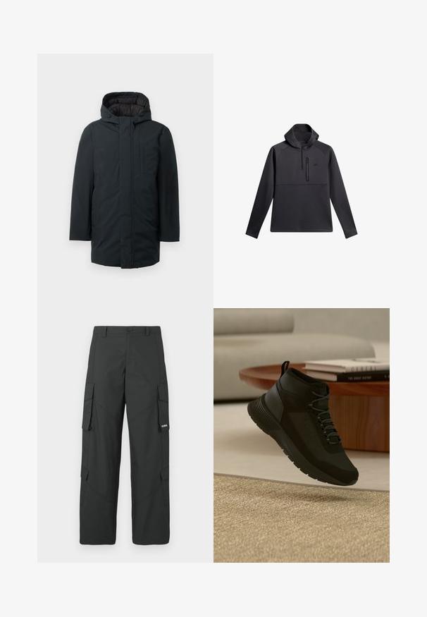 Sort isoleret parka med hætte, med lynlås foran, sidelommer og en glat udvendig overflade. Minimalistisk design.; Sort pullover med hætte, der har en kvart lynlås foran, raglanærmer og en lynlåslomme på brystet; glat tekstur og atletisk design.; Sorte straight-leg cargo bukser med sidelommer med klap, knaplukning, bæltestropper og et lille hvidt logo på klappen af højre lomme.; Sort høj-top sneaker med snørebånd, der svæver over beige tæppe, træ rundt bord med stabler af bøger i et lyst, moderne opholdsrum.