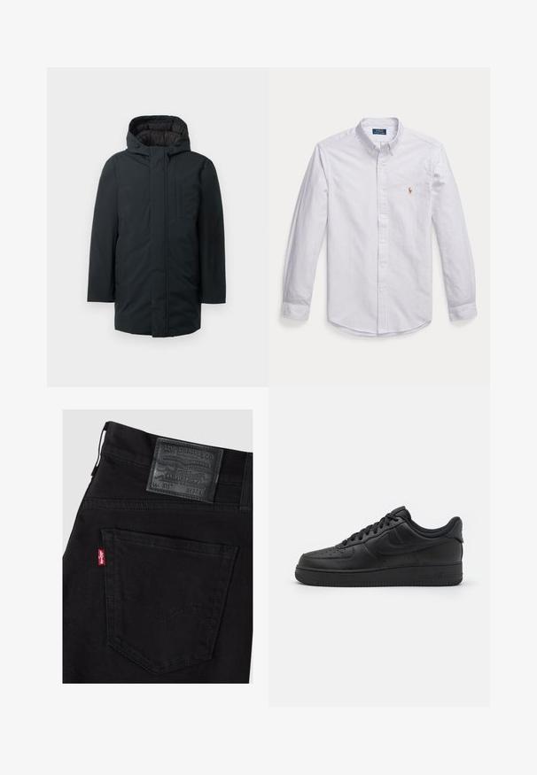 Sort isoleret parka med hætte, med lynlås foran, sidelommer og en glat udvendig overflade. Minimalistisk design.; Hvid og lyseblå stribet langærmet skjorte med knapper og krave samt lille broderet logo på brystet.; Sort Levi's jeans med baglomme til højre med rød Levi's-mærkat og sort lædermærke med størrelse W32 L.; Nike Sportswear AIR FORCE 1 07 FLYEASE - Sneakers - black