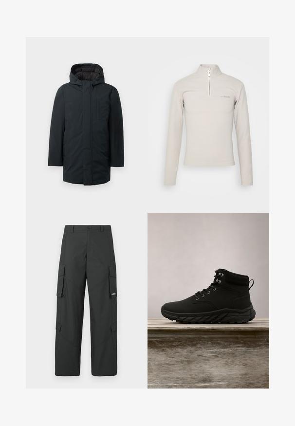 Zwarte geïsoleerde parka met capuchon, voorzien van een voorritssluiting, zijzakken en een gladde buitenkant. Minimalistisch ontwerp.; Han Kjøbenhavn LOGO HALF ZIP SHARP LONG SLEEVE - Longsleeve - grey; Zwarte cargo broek met rechte pijpen, zijflapzakken, knoopsluiting, riemlussen en een klein wit logo op de flap van de rechterzak.; Zwarte enkelboot met een gladde synthetische bovenkant, een gestructureerde zool, metalen oogjes en ronde veters, boven een houten oppervlak.