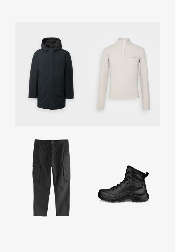 Zwarte geïsoleerde parka met capuchon, voorzien van een voorritssluiting, zijzakken en een gladde buitenkant. Minimalistisch ontwerp.; Han Kjøbenhavn LOGO HALF ZIP SHARP LONG SLEEVE - Longsleeve - grey; Zwarte cargobroek met ritssluitingen op de voorzakken, knoopsluitingen op de zijflapzakken en riemlussen, weergegeven tegen een witte achtergrond.; Zwarte hoge wandelschoen met gevoerde enkel, veterhaken, robuuste zool en treklus bij de hiel, ontworpen voor buitengebruik en koud weer.