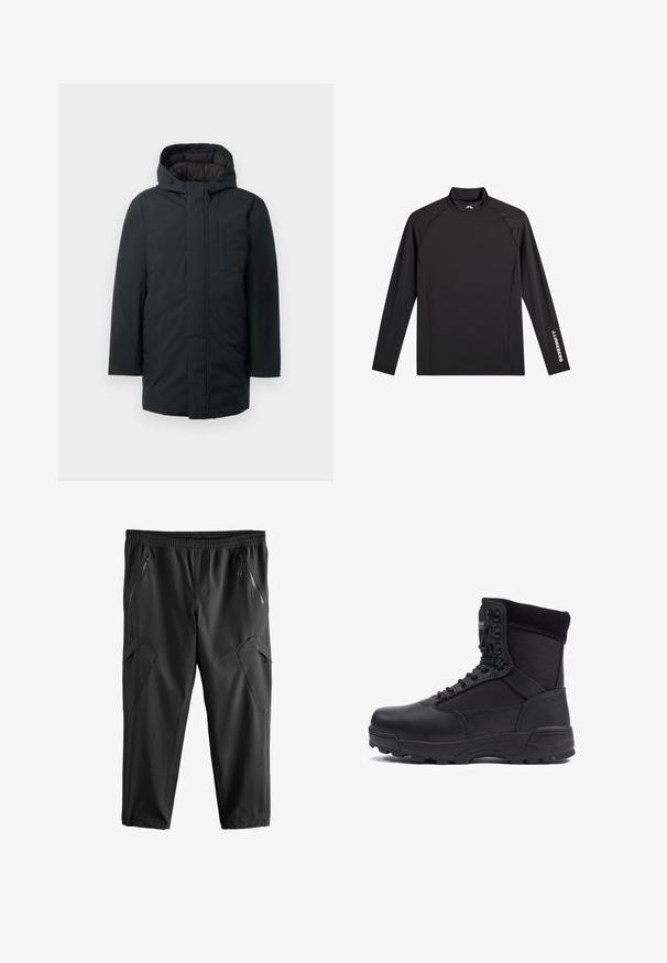 Sort isoleret parka med hætte, med lynlås foran, sidelommer og en glat udvendig overflade. Minimalistisk design.; Sort atletisk top med lange ærmer, høj hals, tætsiddende pasform og hvidt "J.Lindeberg" logo på venstre ærme og krave.; Sorte cropped bukser med elastisk talje, to lynlåslommer på siden og vinklet sideakcent. Lavet af letvægts, glat stof.; Sort taktisk støvle med en glat læderoverdel og stofpaneler, høj ankeldesign, snørebånd foran og slidstærk gummisål.