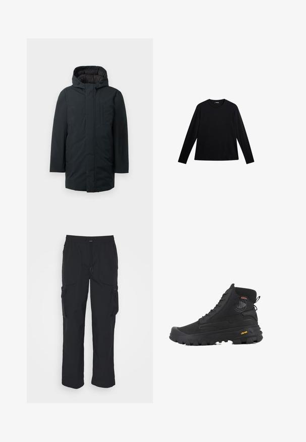Sort isoleret parka med hætte, med lynlås foran, sidelommer og en glat udvendig overflade. Minimalistisk design.; Sort langærmet T-shirt lavet af glat stof, med rund hals og et diskret logo på fronten, i en afslappet pasform.; Sorte cargo-bukser lavet af vævet stof. Har justerbar talje, sidelommer og to værktøjslommer med lynlås.; Sorte høj-top støvler med en tekstureret overflade, der har et vandtæt design, snøresystem og en markant gummisål med Vibram-branding.