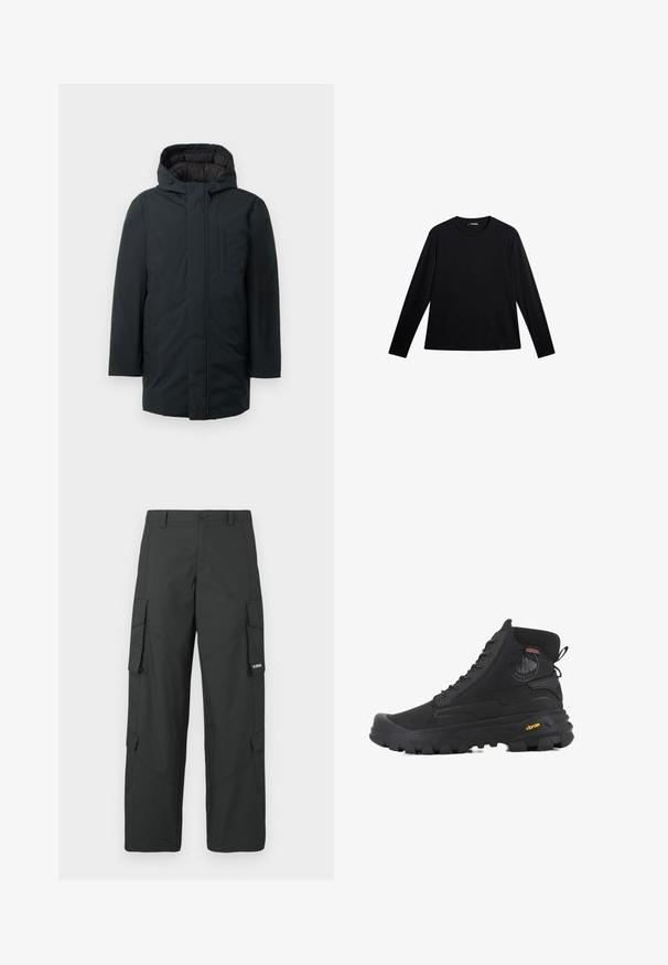 Sort isoleret parka med hætte, med lynlås foran, sidelommer og en glat udvendig overflade. Minimalistisk design.; Sort langærmet T-shirt lavet af glat stof, med rund hals og et diskret logo på fronten, i en afslappet pasform.; Sorte straight-leg cargo bukser med sidelommer med klap, knaplukning, bæltestropper og et lille hvidt logo på klappen af højre lomme.; Sorte høj-top støvler med en tekstureret overflade, der har et vandtæt design, snøresystem og en markant gummisål med Vibram-branding.