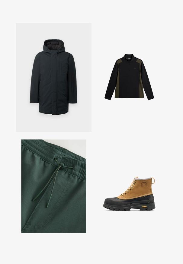 Sort isoleret parka med hætte, med lynlås foran, sidelommer og en glat udvendig overflade. Minimalistisk design.; Langærmet sort og olivengrøn pullover med en kort lynlås foran og et lille logo på brystet.; Mørkegrønne sweat shorts med elastisk talje og snørelukning, glat tekstur og synlige stingdetaljer. Enkel, funktionel design.; Brun og sort isoleret snørestøvle til vinter med gummisål og Vibram-mønster, med Sorel- og Gore-Tex-logoer.