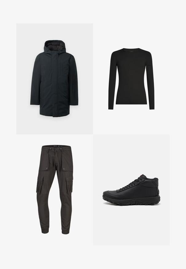 Parka aislante negra con capucha, que cuenta con un cierre frontal de cremallera, bolsillos laterales y una textura exterior suave. Diseño minimalista.; Camiseta negra de manga larga ajustada con cuello redondo y un sutil logo de Icebreaker en la manga izquierda, mostrada sobre un fondo blanco.; Pantalones cargo en tejido gris oscuro, con múltiples bolsillos laterales, cinturilla con cordón y puños elásticos. Superficie texturada y diseño práctico.; Zapatillas altas negras hechas de cuero texturizado, con suela de goma gruesa con patrones de tracción y diseño de cordones. Acabado en rojo en la lengüeta.