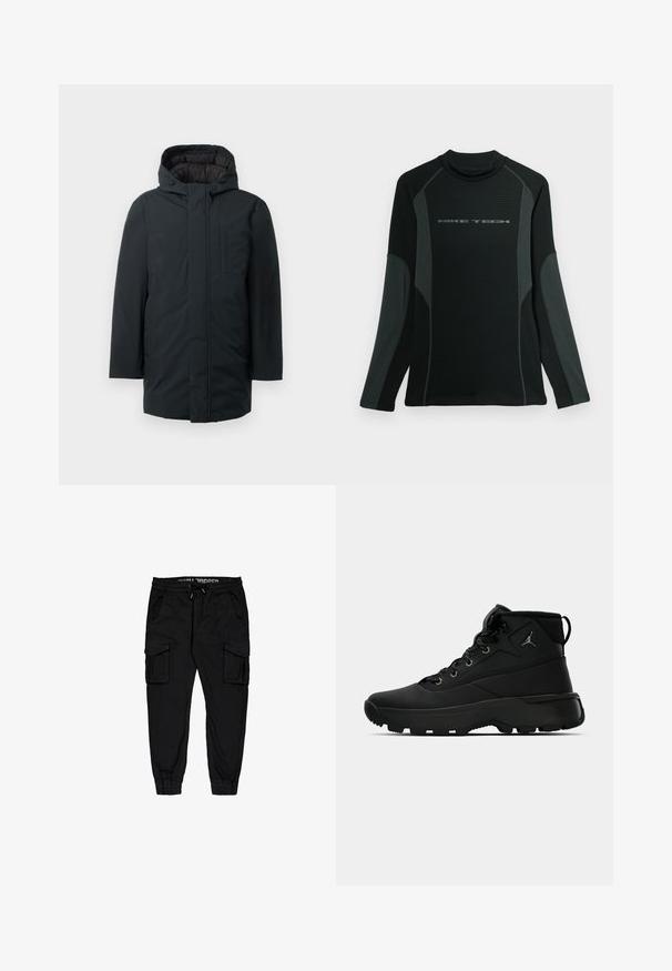 Zwarte geïsoleerde parka met capuchon, voorzien van een voorritssluiting, zijzakken en een gladde buitenkant. Minimalistisch ontwerp.; Zwarte shirt met lange mouwen en hoge kraag, gemaakt van textuurstof. Heeft grijze zijpanelen en het "NIKE TECH" logo op de borst.; Zwarte cargo-broeken van lichtgewicht stof, met een elastische tailleband, trekkoord en meerdere zijzakken met taps toelopende broekspijpen.; Zwarte hoge sport sneakers met een gestructureerde synthetische bovenkant, voorzien van metalen oogjes, zwarte veters en een rubberen zool met patroon voor grip.