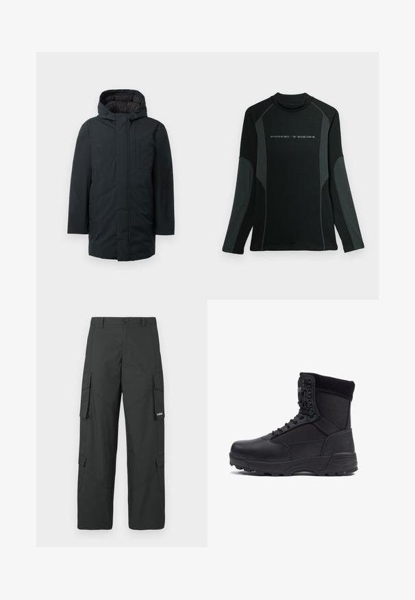 Parka aislante negra con capucha, que cuenta con un cierre frontal de cremallera, bolsillos laterales y una textura exterior suave. Diseño minimalista.; Camisa negra de manga larga con cuello alto, hecha de una tela texturizada. Presenta paneles laterales grises y el logo "NIKE TECH" en el pecho.; Pantalones cargo rectos negros con bolsillos laterales con solapa, cierre de botón, trabillas para cinturón y pequeño logo blanco en la solapa del bolsillo derecho.; Bota táctica negra con parte superior de piel lisa y paneles de tela, diseño de tobillo alto, cierre con cordones y suela de goma resistente.