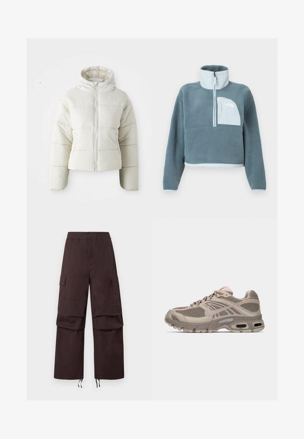 Weißes kurzes Pufferjacke mit Kapuze, vorderem Reißverschluss, gesteppten Paneelen und einem kleinen Logo auf der Brust. Glatte, gepolsterte Textur.; Blauer Fleece-Pullover mit halbem Reißverschluss, hohem Kragen und einer hellblauen Brusttasche mit dem Logo von The North Face.; Dunkelbraune Cargo-Hosen mit elastischem Bund, zwei seitlichen Taschen und Kordelzügen an den Säumen. Aus strapazierfähigem Material mit lockerer Passform.; Beige Sportschuh mit Mesh-Obermaterial, geformten Akzenten, runder Zehenpartie und sichtbarer Luftpolsterung in der Sohle. Schnürsenkel in neutralem Farbton.