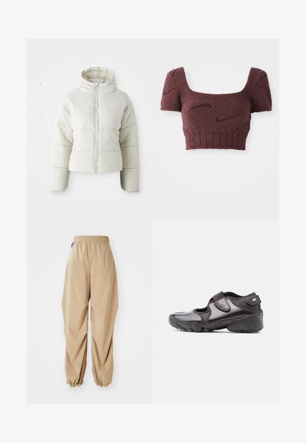 Witte cropped pufferjack met een capuchon, rits aan de voorkant, gestikte panelen en een klein logo op de borst. Gladde, gewatteerde textuur.; Mauve cropped top met een gestructureerde stof, vierkante halslijn, korte mouwen en geribde zoom, met subtiele donkere patronen door het geheel.; Beige lichte broek met een elastische tailleband, taps toelopende boorden en een soepele textuur, met een relaxte pasvorm en zonder zichtbare patronen of versieringen.; Donkerbruine sportschoen met glanzende afwerking, klittenbandsluiting, afgeronde neus en een getextureerde zool met dempende ontwerpelementen.