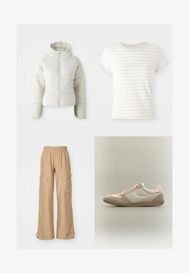 Witte cropped pufferjack met een capuchon, rits aan de voorkant, gestikte panelen en een klein logo op de borst. Gladde, gewatteerde textuur.; Witte gestreepte t-shirt met korte mouwen, gemaakt van zachte katoen. Heeft een ronde hals en een klein geborduurd Nike-logo op de borst.; Nike Sportswear TREND - Cargobroek - hemp; Low-profile beige-witte sneaker met roze veters en hielaccent, met Nike swoosh aan de zijkant tegen een effen achtergrond.