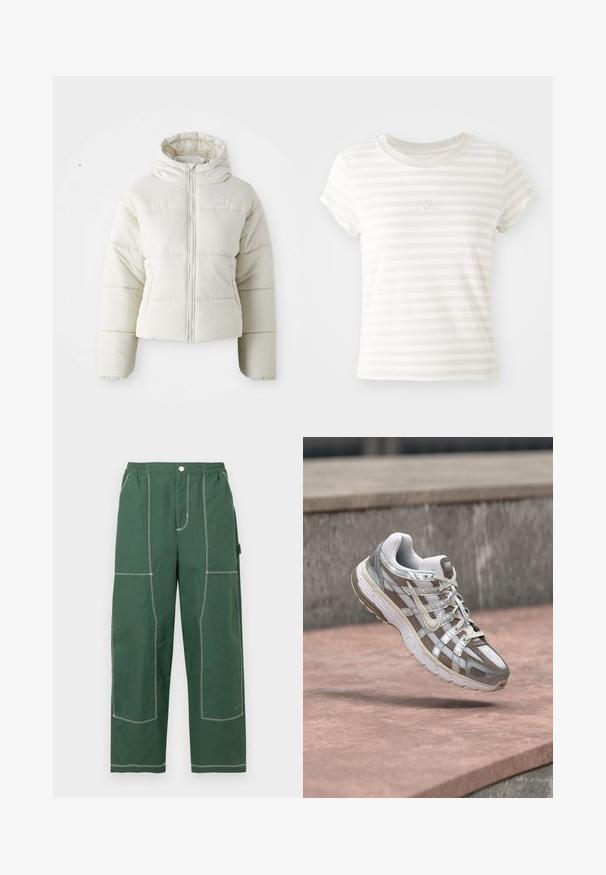 Chaqueta acolchada blanca cortada con capucha, cierre frontal de cremallera, paneles cosidos y un pequeño logo en el pecho. Textura suave y acolchada.; Camiseta de tirantes cortos a rayas blancas, hecha de algodón suave. Presenta un cuello redondo y un pequeño logo de Nike bordado en el pecho.; Pantalones verdes de pierna ancha con cintura elástica, botón frontal, costuras blancas grandes y visibles y bolsillo lateral para herramientas sobre fondo blanco.; Zapatilla de running Nike blanca y gris suspendida sobre una superficie de concreto rosada con una pared de piedra gris al fondo.