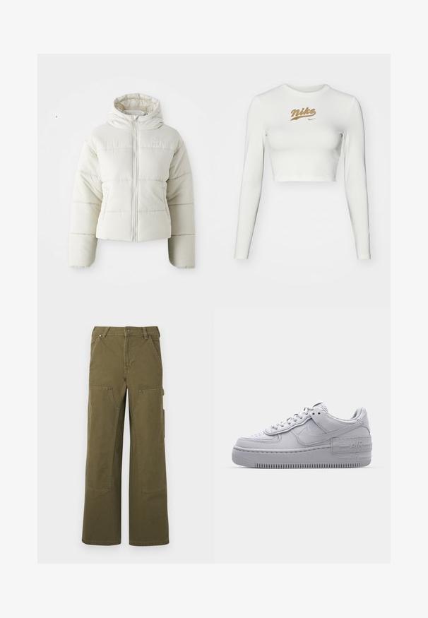 Hvid cropped pufferjakke med hætte, frontlynlås, syede paneler og et lille logo på brystet. Glat, polstret tekstur.; Hvid langærmet crop top lavet af glat stof, med et guld Nike-logo tryk på brystet og en klassisk rund halsudskæring.; Olivengrønne cargo-bukser lavet af slidstærkt stof, der har vide ben, flere lommer og metalhardware-detaljer for ekstra funktionalitet.; Grå Nike Air Force 1 sneakers med perforeret tå, glat læderoverdel, tyk sål og præget 'AIR' detalje på hælen.