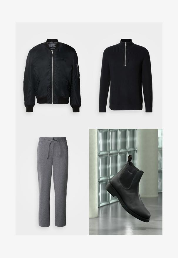 Chaqueta bomber de nylon negra con cierre de cremallera, puños acanalados y un bolsillo en la manga izquierda con hardware de cremallera. Textura suave y ligera.; Suéter negro de punto acanalado con un alto cuello y un cierre corto. Tiene mangas largas y un dobladillo recto con puños acanalados.; Pantalones de chándal grises hechos de una tela suave, con una cintura ajustable con cordón, piernas rectas y un diseño simple, sin adornos.; Botín negro de piel con panel lateral elástico y lengüeta para tirar, mostrado en un entorno interior moderno con pared de bloques de vidrio de fondo.