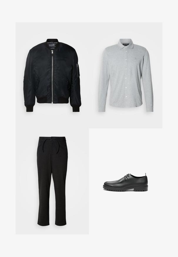 Sort nylon bomberjakke med lynlås, ribbede manchetter og en lomme på venstre ærme med lynlås. Glat, let tekstur.; Langærmet grå poloshirt lavet af blød bomuld, med knaplukning foran, spidst krave og diskret logo på brystet.; Sorte strikbukser med snoreliv, lige ben og sidelommer. Blød tekstur med en glat overflade.; Sorte lædersko med en glat overflade, rund tå og dekorativ stikning. Har en gummisål med skridsikre spor og snørebåndsdesign.