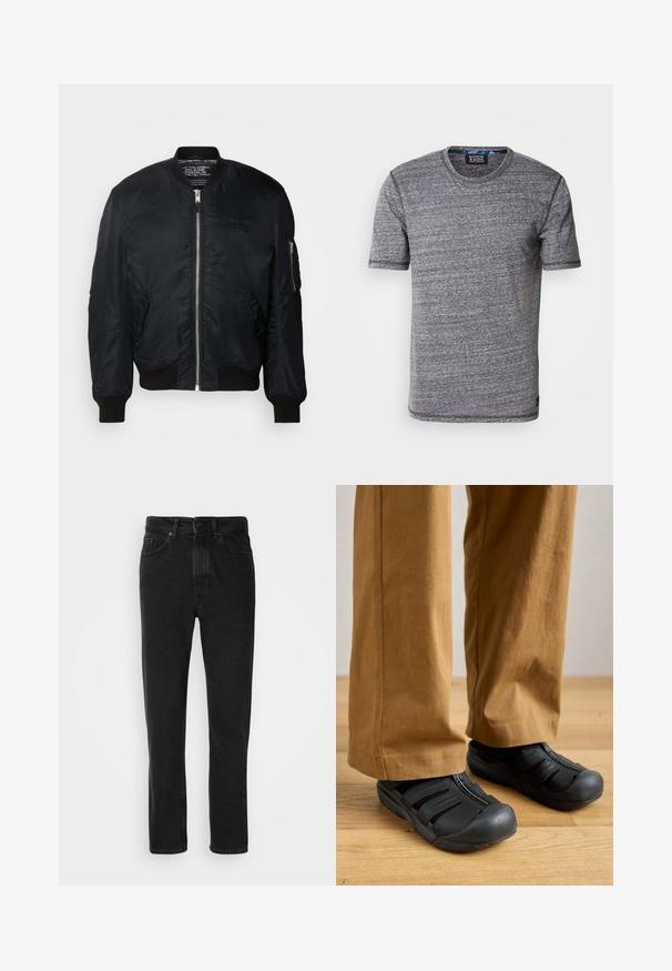 Zwarte nylon bomberjack met een ritssluiting, geribbelde manchetten en een zak op de linkermouw met ritshardware. Glad, lichtgewicht textuur.; Scotch & Soda REGULAR FIT - T-shirt basic - sky captain melange; Zwarte denim jeans met een recht ontwerp, voorzien van een knoop- en ritsluiting, voorzakken en een subtiele textuur.; Zwarte instappers met een rubberen zool, voorzien van een ritsluiting en uitsnijdingen, gecombineerd met tan brede broek op een houten vloer.