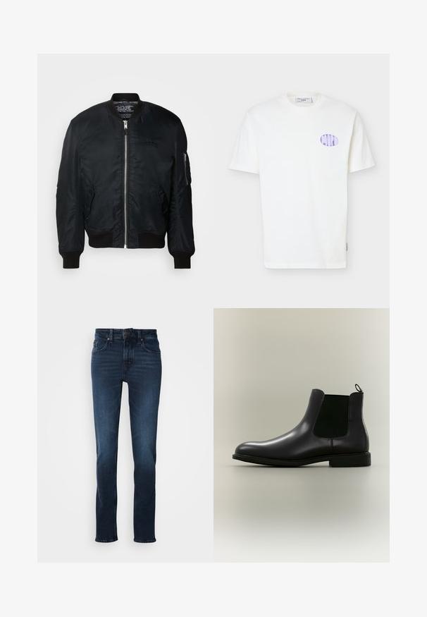 Chaqueta bomber de nylon negra con cierre de cremallera, puños acanalados y un bolsillo en la manga izquierda con hardware de cremallera. Textura suave y ligera.; Camiseta blanca de algodón de manga corta con un logo ovalado lila en el pecho izquierdo y un cuello redondo.; Jeans de mezclilla azul oscuro con un diseño de pierna recta, estilo de cinco bolsillos, cierre frontal con botón y un ligero desgaste en los muslos.; Bota Chelsea de cuero negro con paneles laterales elásticos y una lengüeta en un fondo neutro, mostrada de perfil.