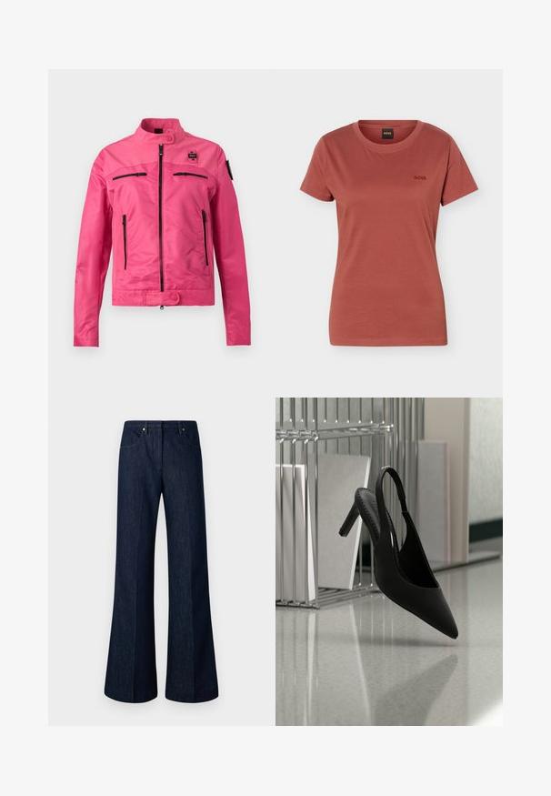 Veste rose vif avec col montant, fermeture éclair à l'avant, deux poches horizontales sur la poitrine, deux poches latérales verticales, et fermetures à bouton-pression.; T-shirt pour femme à manches courtes, col rond, de couleur rouille, avec un petit logo "BOSS" brodé sur le côté gauche de la poitrine.; Jean en denim bleu foncé évasé avec une taille haute, des poches avant et des accents en métal doré. Texture lisse et design à jambe large.; Chaussure à talon haut à bout pointu et bride arrière suspendue en l'air au-dessus d'un sol brillant avec des classeurs empilés en arrière-plan.