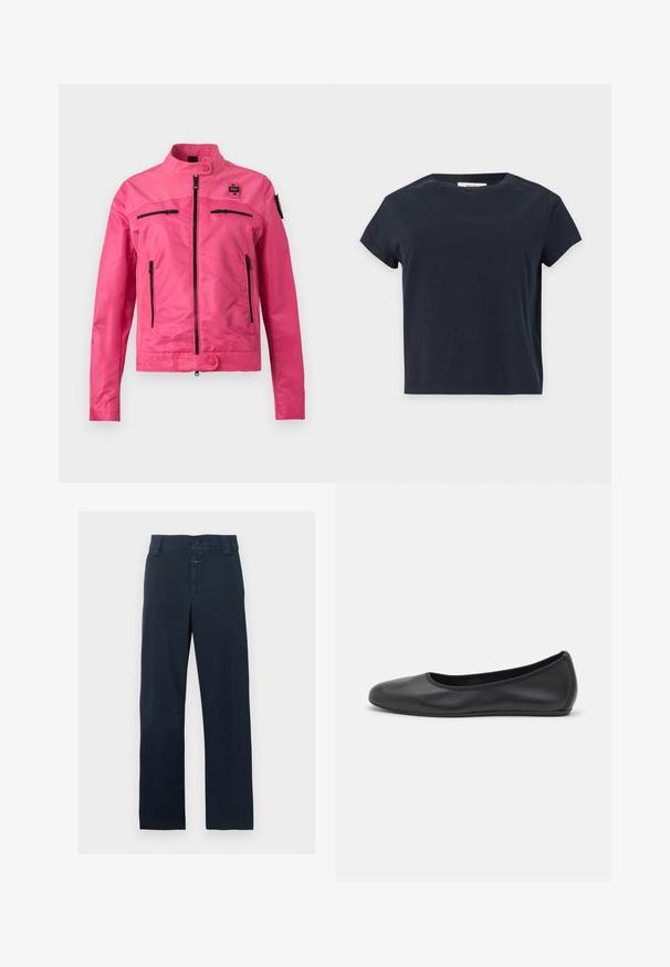 Veste rose vif avec col montant, fermeture éclair à l'avant, deux poches horizontales sur la poitrine, deux poches latérales verticales, et fermetures à bouton-pression.; T-shirt noir uni à manches courtes et col rond avec un ourlet droit sur un fond gris clair.; Pantalon bleu marine à jambes droites avec passants pour ceinture, bouton devant, fermeture éclair et deux poches latérales sur fond blanc.; Ballerines en cuir noir avec un bout rond, texture lisse, détails de couture minimalistes et design de semelle flexible.