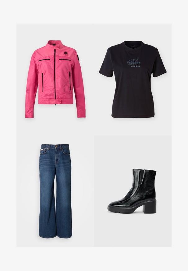 Veste rose vif avec col montant, fermeture éclair à l'avant, deux poches horizontales sur la poitrine, deux poches latérales verticales, et fermetures à bouton-pression.; T-shirt noir en coton à manches courtes et col rond. Sur le devant, un logo Calvin Klein bleu avec un texte distinctif.; Jean large en denim bleu foncé. Les caractéristiques incluent une taille haute, cinq poches et des coutures contrastantes orange le long des coutures.; Bottines en cuir verni noir avec un bout arrondi, des panneaux latéraux en élastique et un talon épais. Comprend un logo embossé à l'arrière.