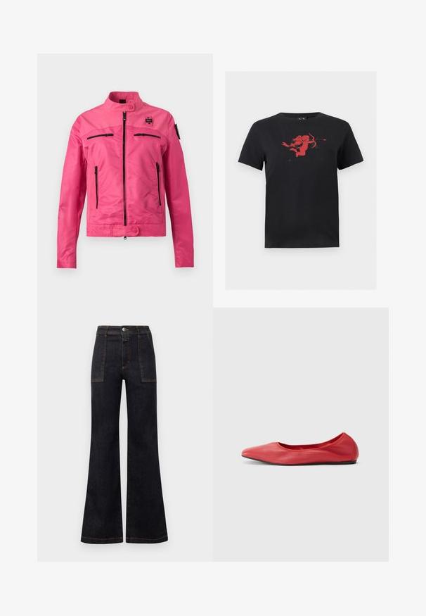 Veste rose vif avec col montant, fermeture éclair à l'avant, deux poches horizontales sur la poitrine, deux poches latérales verticales, et fermetures à bouton-pression.; T-shirt noir à manches courtes avec un graphisme rouge d'un cupidon tenant un arc et une flèche, centré sur la poitrine.; Jean en denim foncé évasé avec taille haute, présentant des surpiqûres orange et deux poches avant. Texture lisse, finition soignée, design classique.; Filippa K REY FLATS - Ballerines - bright red