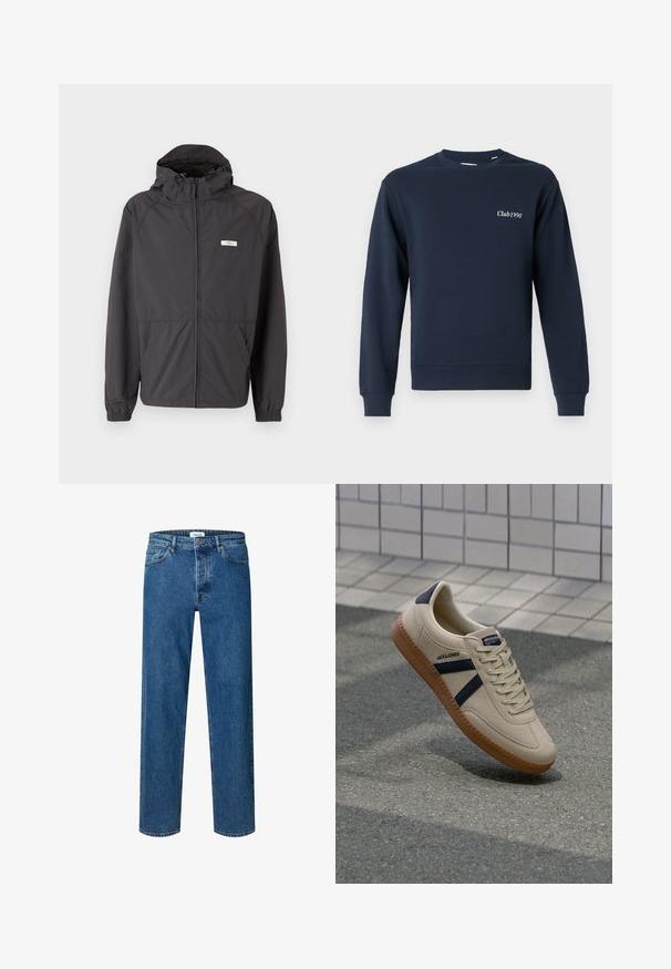 Zwarte lichtgewicht jas met een capuchon, ritssluiting aan de voorkant, elastische manchetten en twee zijzakken. Heeft een klein logo op de borst.; Marineblauwe sweatshirt, ronde hals, lange mouwen, ribgebreide manchetten en zoom. Met 'Club1990' geborduurd op de linkerborst. Zachte stoffen textuur.; Blauwe straight-leg denim jeans met knoop- en ritssluiting, ceintuurlussen en een vijfzakkenontwerp.; Beige sneaker met een textuurafwerking, marineblauwe strepen en een rubberen zool. Heeft een gevoerde tong en een traditioneel vetersysteem voor een veilige pasvorm.