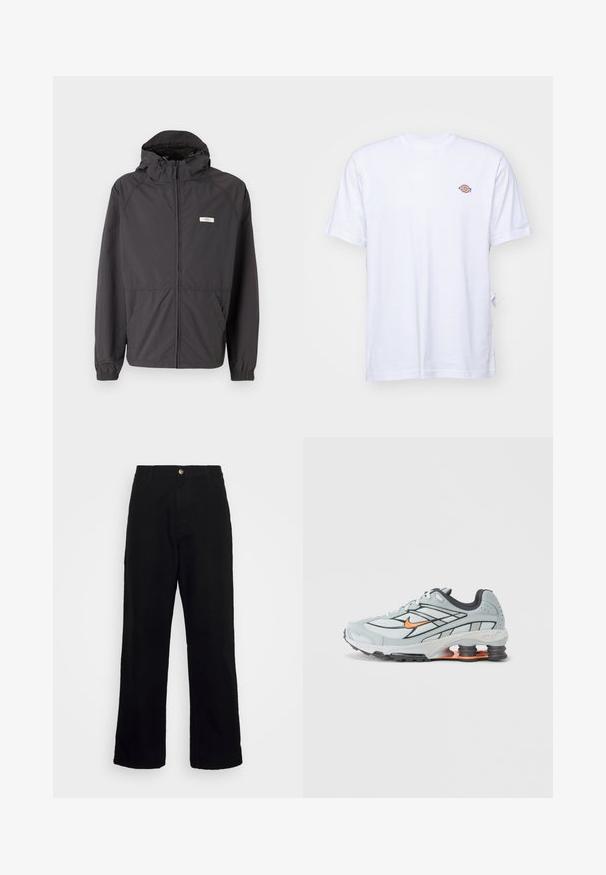 Veste légère noire avec capuche, fermeture éclair à l'avant, poignets élastiques et deux poches latérales. Présente un petit logo sur la poitrine.; T-shirt en coton blanc avec un col en V et des manches courtes. Présente un petit logo coloré brodé sur la poitrine gauche. Texture douce.; Pantalon noir en tissu lourd, avec design à jambes droites, poches avant, fermeture éclair et bouton métallique unique.; Chaussure de course gris clair avec accents noirs, logo orange, tige en mesh, col rembourré et semelle en caoutchouc avec unités d'absorption des chocs visibles.