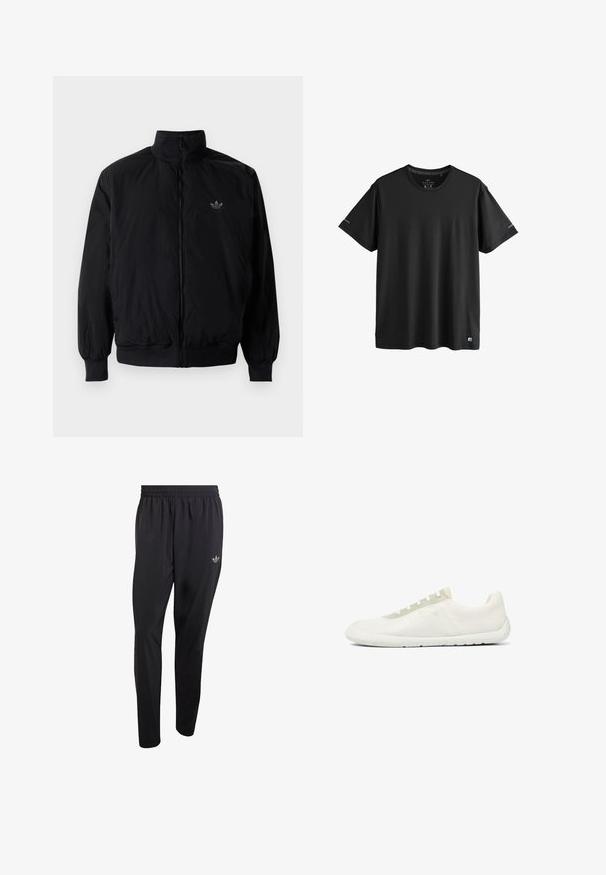 Sort lynlåsjakke med høj krave, fremstillet af letvægtsmateriale. Har elastiske manchetter og talje, med et lille logo på øverste venstre side.; Sort aktivtøj T-shirt med korte ærmer og rund hals, med diskrete logoer på ærmerne og nederste kant, størrelse medium.; Sorte atletikbukser lavet af letvægtsmateriale med elastisk taljebånd og et lille præget logo på det øverste venstre benområde.; Minimalistisk hvid lavtop-sneaker med tekstureret mesh-stof, hvid sål og lysebeige snørehuller.
