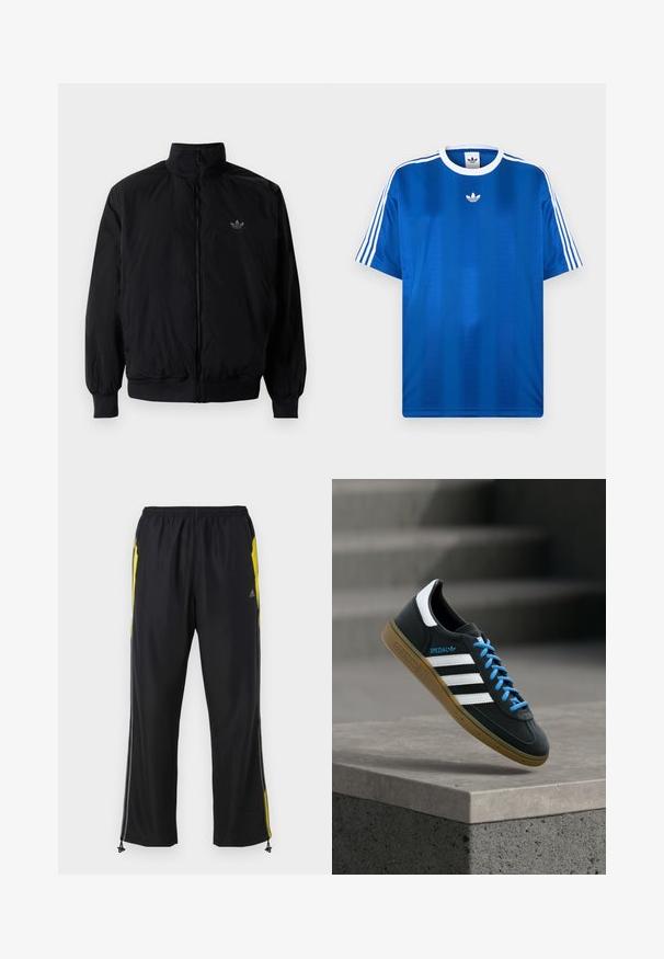 Sort lynlåsjakke med høj krave, fremstillet af letvægtsmateriale. Har elastiske manchetter og talje, med et lille logo på øverste venstre side.; Royal blå atletisk t-shirt lavet af glat stof med hvide striber på ærmerne og et lille hvidt logo på brystet.; Sorte træningsbukser med gule sideaccenter, elastisk talje og lynlåslommer på siden. Fremstillet af let og glat stof.; Sort Adidas sneaker med hvide striber, blå snørebånd og gummisål, der svæver over gråt betontrin i blødt lys.